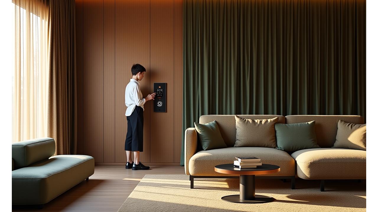 An elegant hotel lobby showcasing smart technology integrated flawlessly with bespoke textile design, reflecting Woven Rooms' commitment