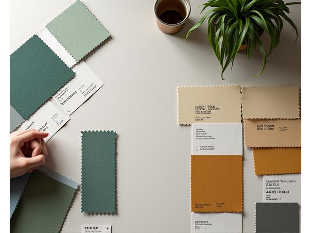 A vibrant color palette sample for hotel interior design, featuring various shades of greens, golds, and muted tones.