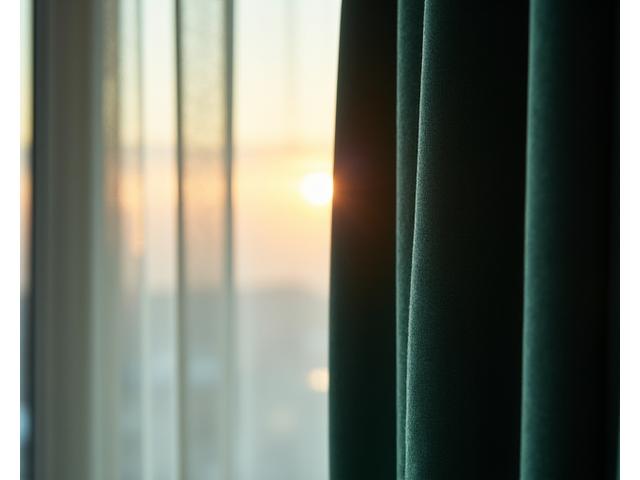 A hand opening a luxurious hotel drape, showcasing its thick, blackout fabric and elegant folds.