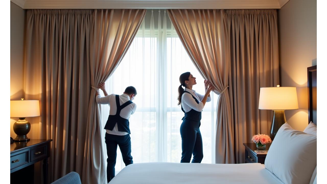 A professional installation team carefully hanging custom drapes in a pristine hotel room, ensuring perfect alignment.