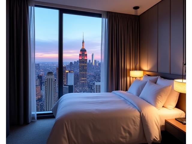 A modern high-end city hotel room featuring streamlined custom blackout drapes and sophisticated bedding.
