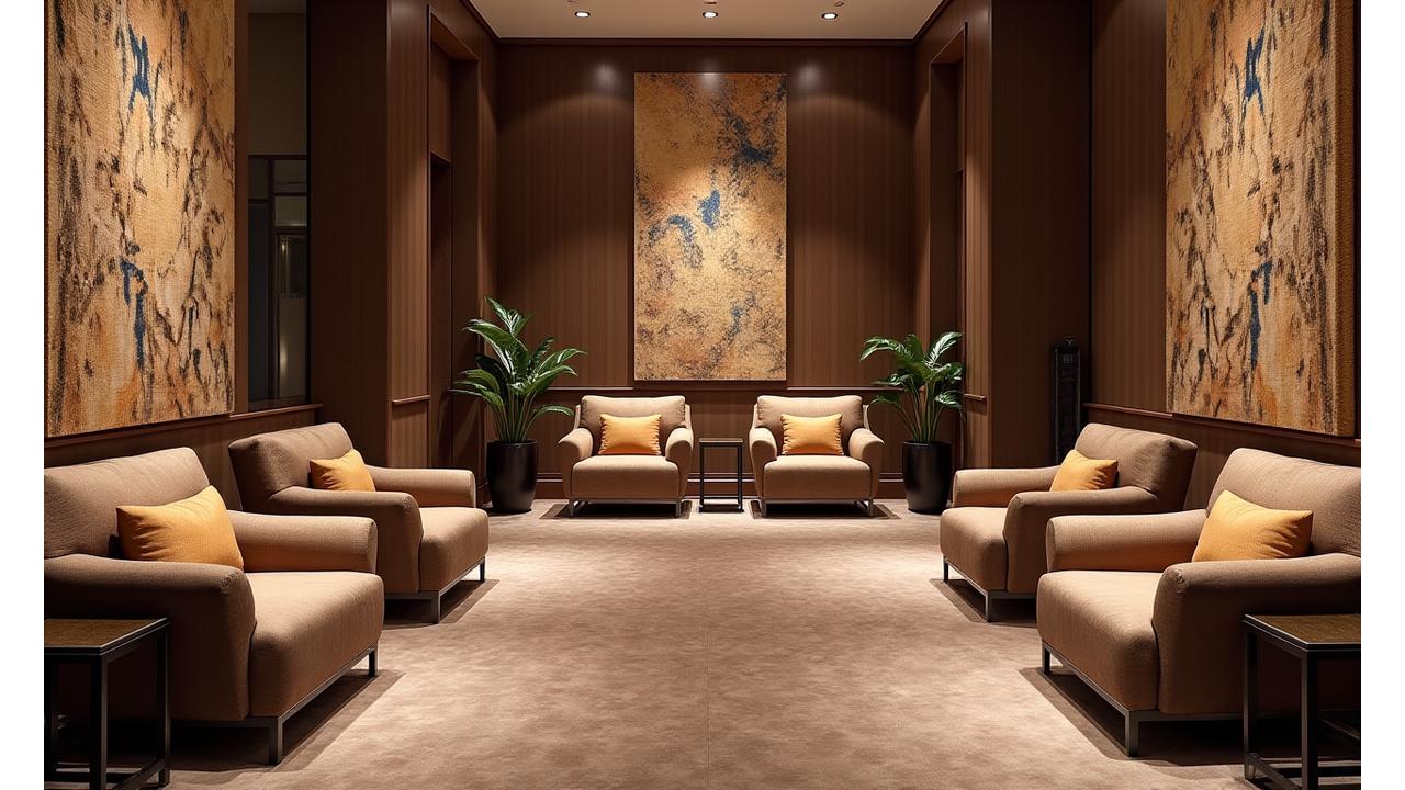 Elegant hotel lobby with custom upholstered seating and decorative cushions