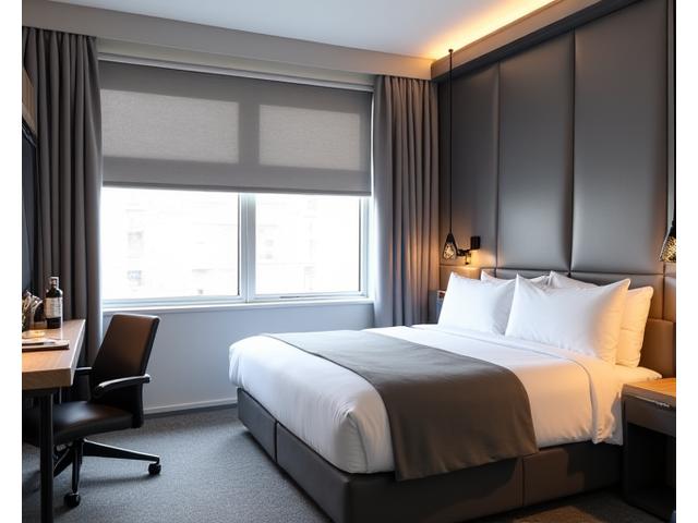 Business hotel room with sleek, understated custom bedding and textured roller blinds