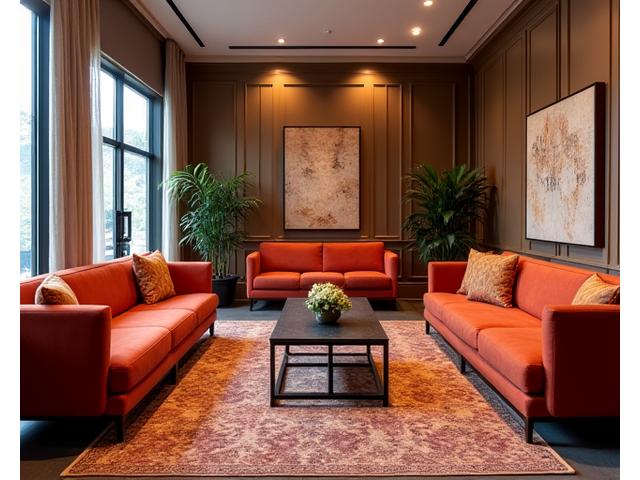 Hotel common area with custom upholstered sofas, patterned rugs, and decorative wall hangings