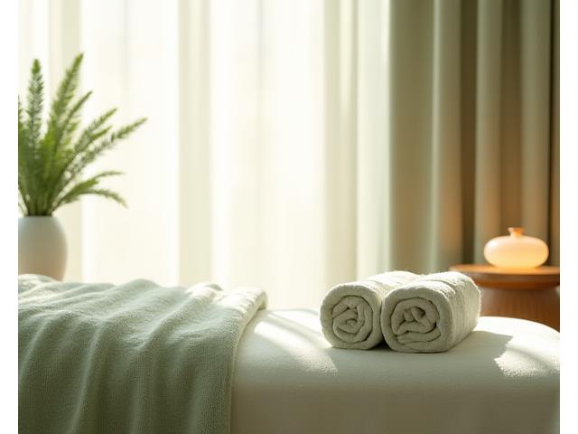Serene spa treatment room with soft, muted custom linens and natural fiber drapes