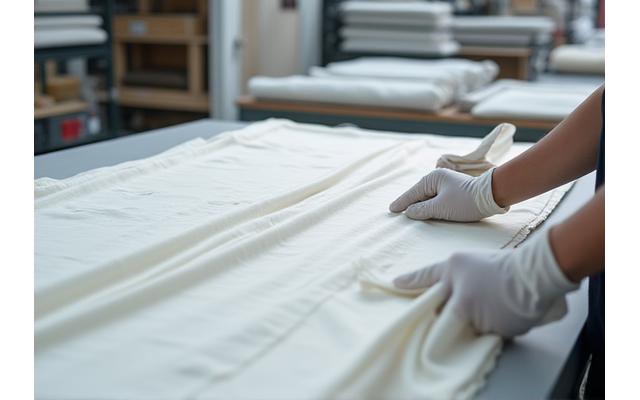 Detailed inspection of a large piece of bespoke drapery in a quality control facility