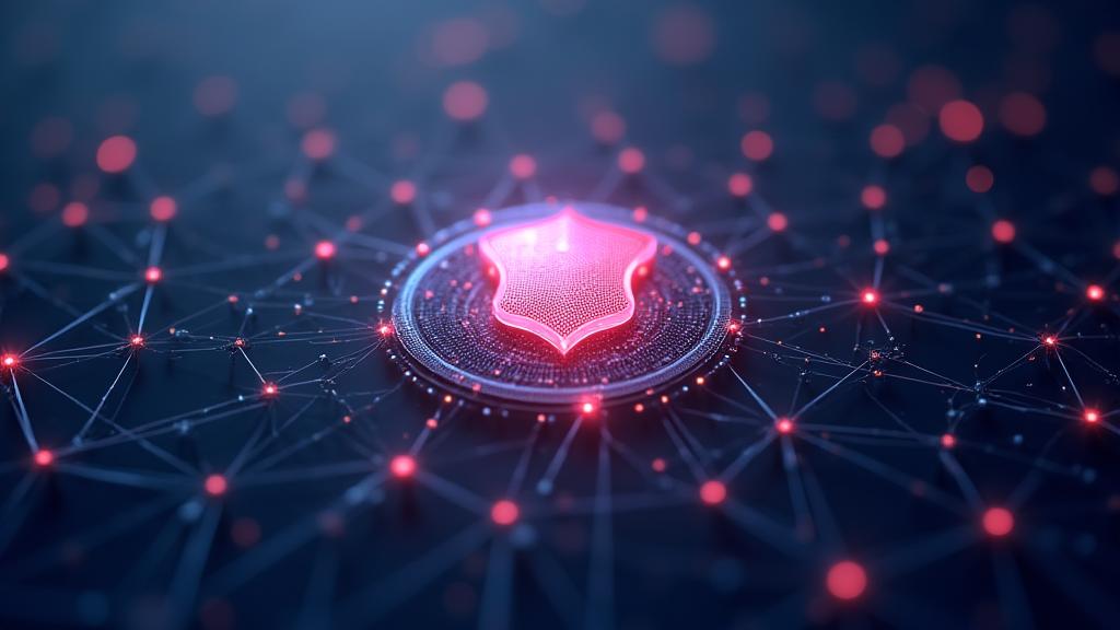 Abstract depiction of digital security with a shield icon glowing over a network of interconnected data points, representing data protection and secure infrastructure.