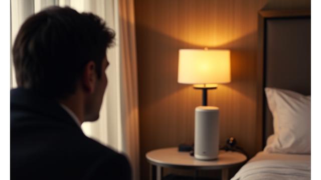 A guest speaking a command to a smart speaker in a modern hotel room, with lights subtly changing in response.