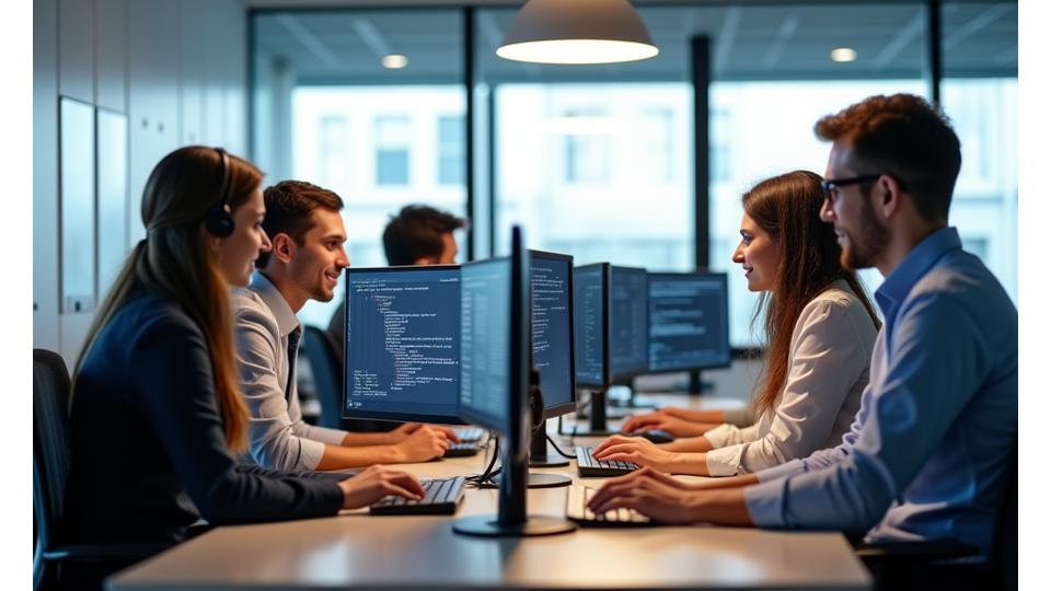 A diverse team of Woven Rooms technical support staff actively working at computers in a modern, collaborative office environment, with screens showing system monitoring dashboards.