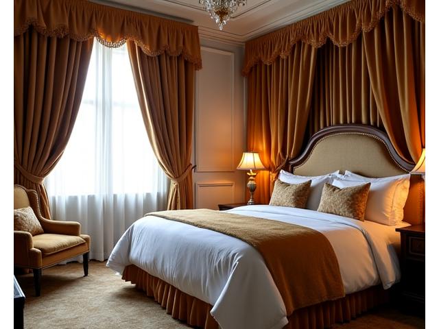 Before and after of a historic luxury hotel suite, highlighting luxurious new drapery and bedding