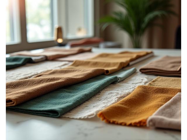 Elegant display of luxury hotel fabric swatches and texture samples in a high-end design studio, with natural light