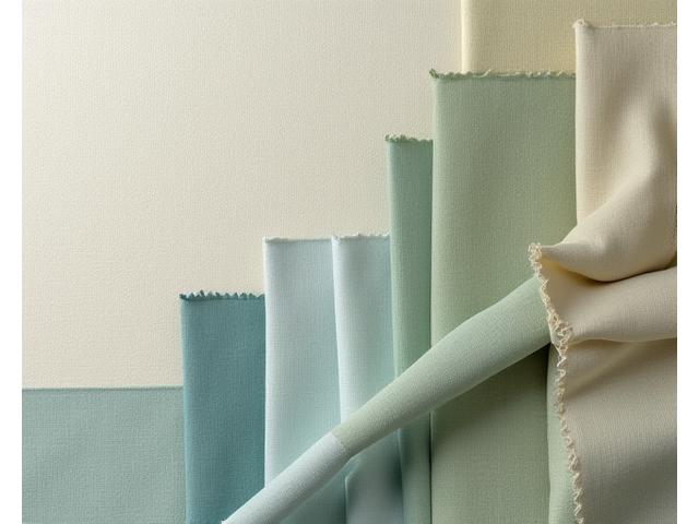 A sophisticated color palette swatch transitioning from soft greens and blues to warm neutrals, laid out on a textured fabric surface, evoking calmness and natural well-being.