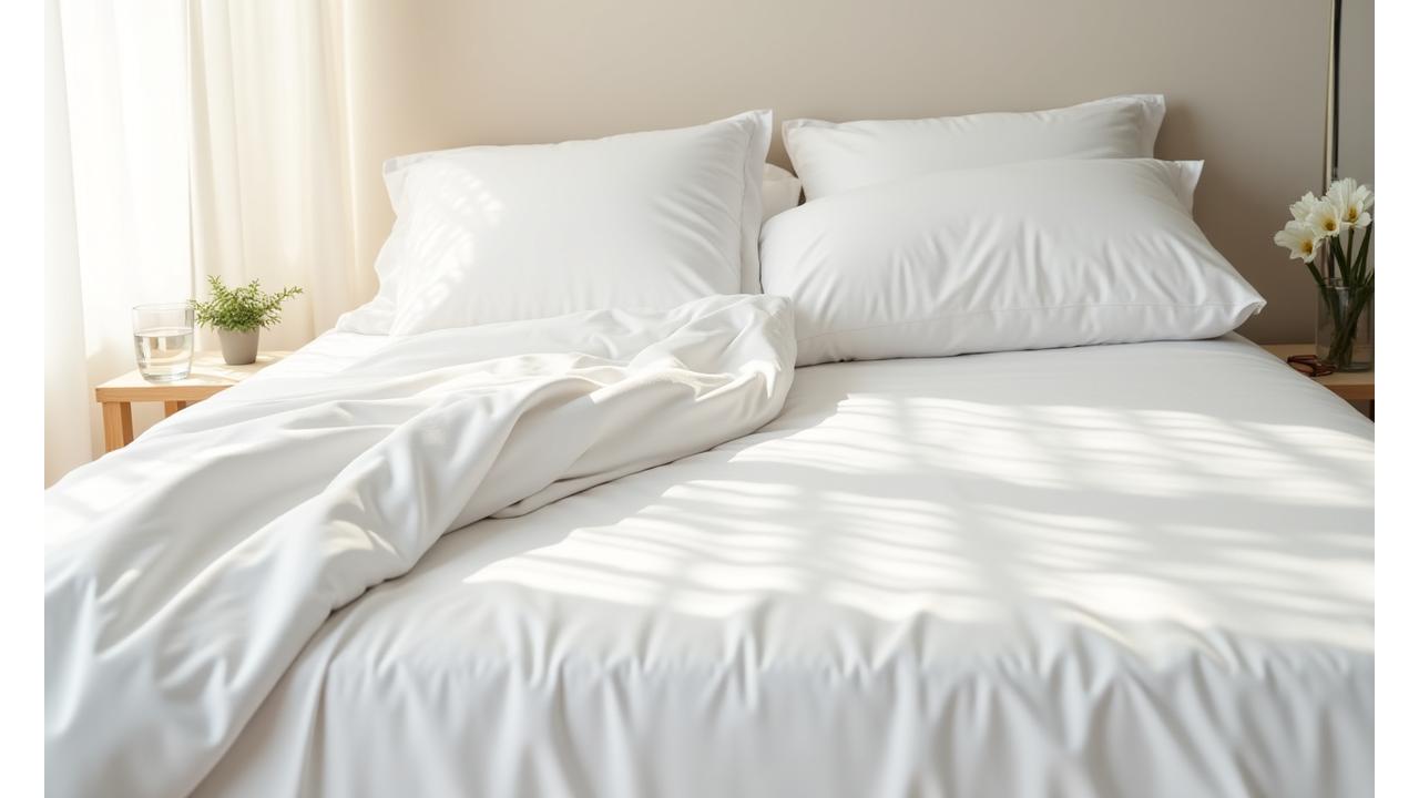 Crisp, white, organic cotton bedding on a plush hotel bed, with subtle textures and a clean, serene aesthetic, emphasizing purity and freshness.