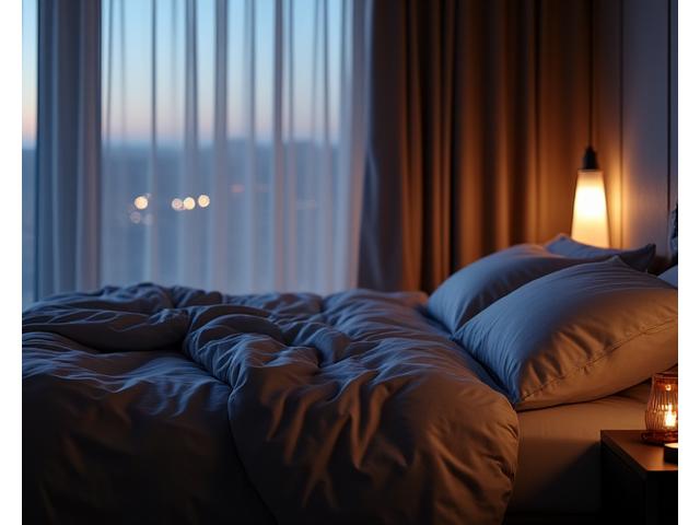 A tranquil hotel bedroom at dusk, with soft, dim lighting illuminating luxurious bedding made from temperature-regulating fabrics, suggesting deep, restorative sleep.